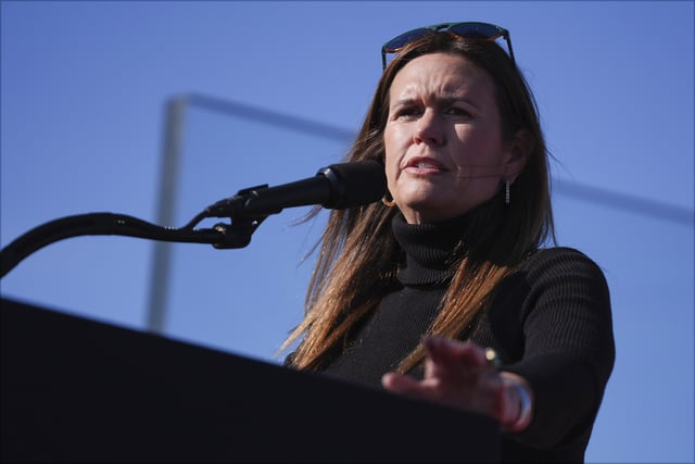 FILE - Arkansas Gov. Sarah Huckabee Sanders speaks at a campaign rally for presidential candidate, former President Donald Trump, in Lititz, Pa., Nov. 3, 2024. (AP Photo/Evan Vucci, File)