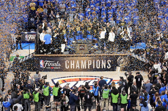 Jun 22, 2025; Oklahoma City, Oklahoma, USA; The Oklahoma City Thunder celebrate after winning game seven of the 2025 NBA Finals against the Indiana Pacers at Paycom Center. Mandatory Credit: Kyle Terada-Imagn Images