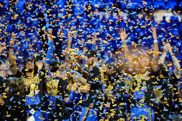 Jun 22, 2025; Oklahoma City, Oklahoma, USA; The Oklahoma City Thunder celebrate after winning game seven of the 2025 NBA Finals against the Indiana Pacers at Paycom Center. Mandatory Credit: Kyle Terada-Imagn Images