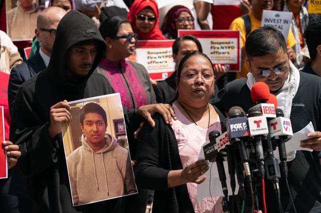 Win Rozario’s mother, Notan Eva Costa, speaks along side her son, Utsho Rozario, left, at a press conference on the steps of New York City Hall Wednesday, May 8, 2024 in Manhattan, New York.  (Barry Williams for New York Daily News)