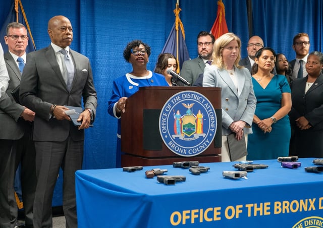 Bronx District Attorney Darcel Clark speaks at a press conference in the Bronx, where she announced the indictment of 19 gang members for 12 shootings, including a murder, Monday, June 23, 2025. (Barry Williams/ New York Daily News)