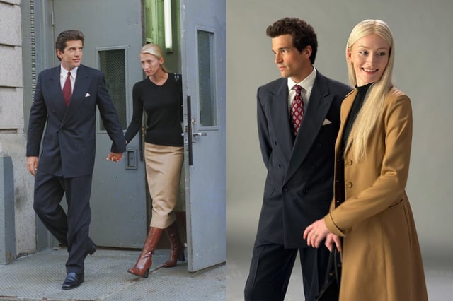 John F. Kennedy Jr. and bride Carolyn Bessette Kennedy in 1996; Sarah Pidgeon and Paul Kelly as JFK Jr and Carolyn Bessette on the set of Ryan Murphy's "American Love Story."