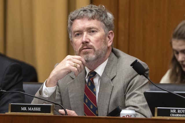 FILE - Rep. Thomas Massie, R-Ky., listens during a joint subcommittee hearing of the House Judiciary Committee, on Capitol Hill, April 1, 2025, in Washington. (AP Photo/Mark Schiefelbein, File)