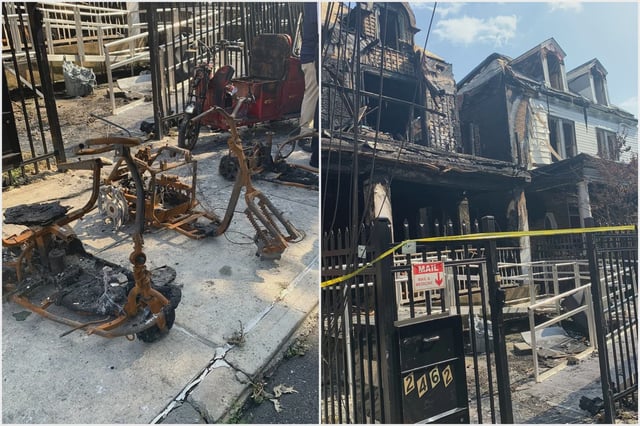 Burned e-bikes sit outside a charred home on Devoe Terrace in the Bronx, where a five-alarm fire blamed on a lithium-ion battery destroyed multiple buildings.
