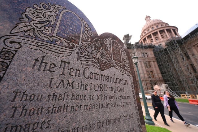 A granite Ten Commandments monument stands on the ground of the Texas Capitol, May 29, 2025, in Austin.
