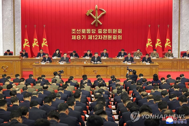 This photo, carried by North Korea's official Korean Central News Agency on June 24, 2025, shows the North's leader Kim Jong-un presiding over the 12th plenary meeting of the eighth Central Committee of the ruling Workers' Party of Korea, which took place from June 21-23. (For Use Only in the Republic of Korea. No Redistribution) (Yonhap)