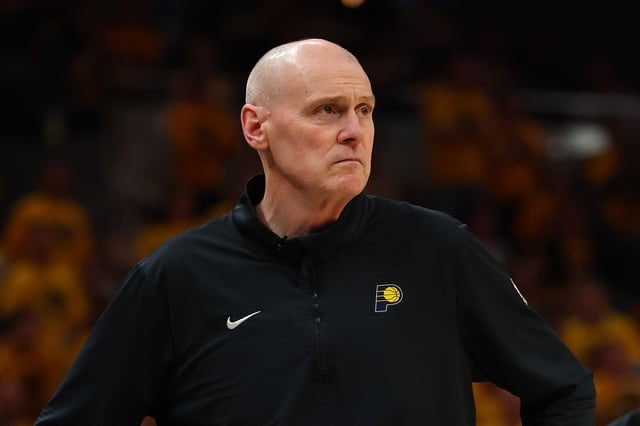 Head coach Rick Carlisle of the Indiana Pacers looks on during the second quarter against the New York Knicks in Game Six of the Eastern Conference Finals of the 2025 NBA Playoffs at Gainbridge Fieldhouse on May 31, 2025 in Indianapolis, Indiana.