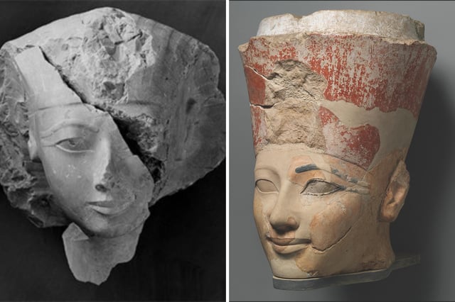 Cracked face of a statue f Hatshepsut, left, and right, Osiride statue of the ruler partly restored using plaster.