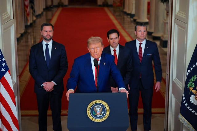 President Donald Trump addresses the nation, alongside US Vice President JD Vance (L), US Secretary of State Marco Rubio (2nd R) and US Secretary of Defense Pete Hegseth (R), from the White House in Washington, DC on June 21, 2025, following the announcement that the US bombed nuclear sites in Iran. President Donald Trump said June 21, 2025 the US military has carried out a “very successful attack” on three Iranian nuclear sites, including the underground uranium enrichment facility at Fordo. “We have completed our very successful attack on the three Nuclear sites in Iran, including Fordow, Natanz, and Esfahan,” Trump said in a post on his Truth Social platform. (Photo by Carlos Barria / POOL / AFP) (Photo by CARLOS BARRIA/POOL/AFP via Getty Images)