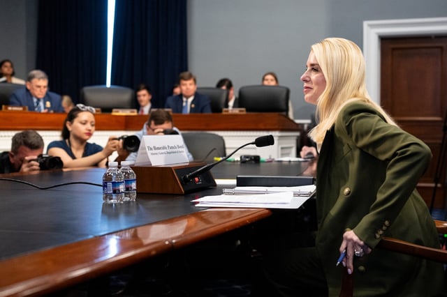 Attorney General Pamela Bondi arrives to testify at the House Commerce-Justice-Science Appropriations panel hearing on Monday.
