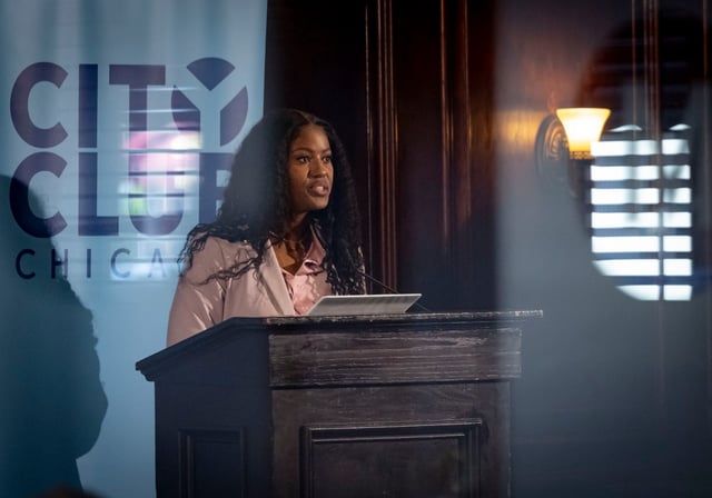 Chicago Teachers Union President Stacy Davis Gates speaks on June 23, 2025, at the City Club of Chicago. (Brian Cassella/Chicago Tribune)