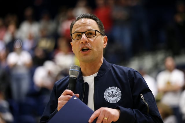 Governor Josh Shapiro of Pennsylvania speaks to the crowd before the game between the La Salle Explorers and the Saint Joseph&#39;s Hawks at John Glaser Arena on March 8, 2025 in Philadelphia, Pennsylvania.