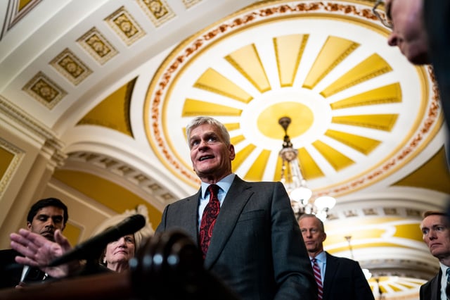 Senator Bill Cassidy, a Republican from Louisiana, speaks during a news conference following the Senate Republican policy luncheon at the US Capitol in Washington, DC, US, on Tuesday, March 11, 2025. The House is scheduled to vote on a six-month spending bill that would make sure the whole government doesn't shut down, interrupting the fast start of President Donald Trump's second watch. Photographer: Al Drago/Bloomberg via Getty Images