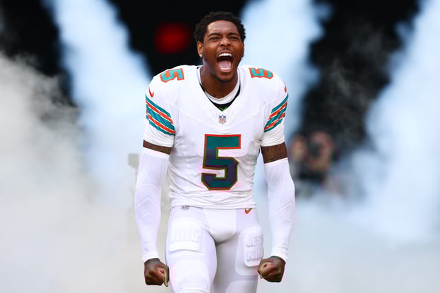 Jalen Ramsey #5 of the Miami Dolphins is introduced prior to a game against the New England Patriots at Hard Rock Stadium on October 29, 2023 in Miami Gardens, Florida.