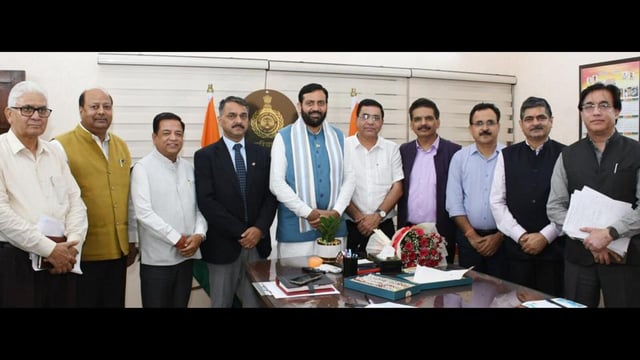 Haryana chief minister Nayab Singh Saini with vice chancellors of state universities in Chandigarh on Monday. (Sourced)