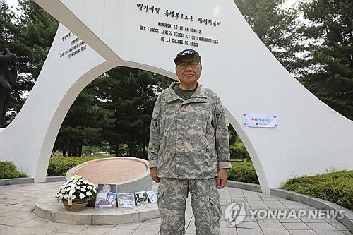 Choi Seong-ryong, head of the Association of the Families of Those Abducted by North Korea, poses after paying his respects at the Belgium-Luxembourg War Memorial in Dongducheon, north of Seoul, on June 24, 2025, to mark the 75th anniversary of the Korean War. (Yonhap)
