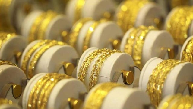 Gold jewellery is displayed in a shop in Kathmandu.