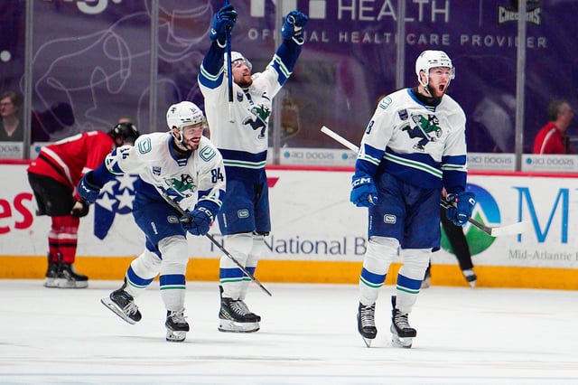  The Abbotsford Canucks celebrate a goal in Game 1 of the Calder Cup Finals.