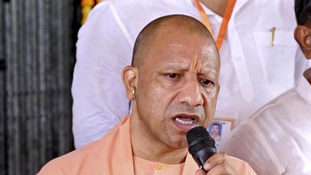 Uttar Pradesh chief minister Yogi Adityanath in Bhadohi on Monday. (PTI PHOTO)