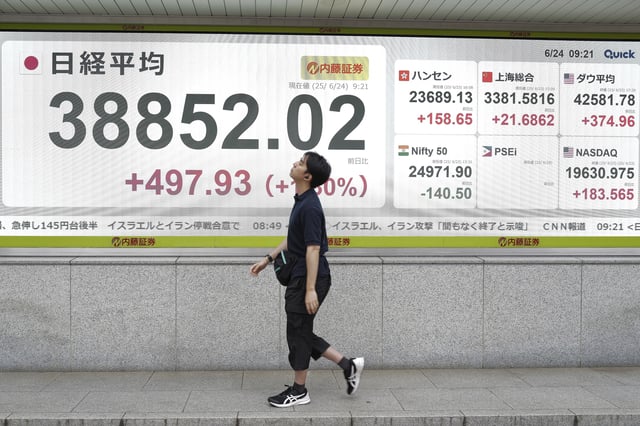 A person walks in front of an electronic stock board showing Japan's Nikkei index at a securities firm Tuesday, June 24, 2025, in Tokyo. (AP Photo/Eugene Hoshiko)