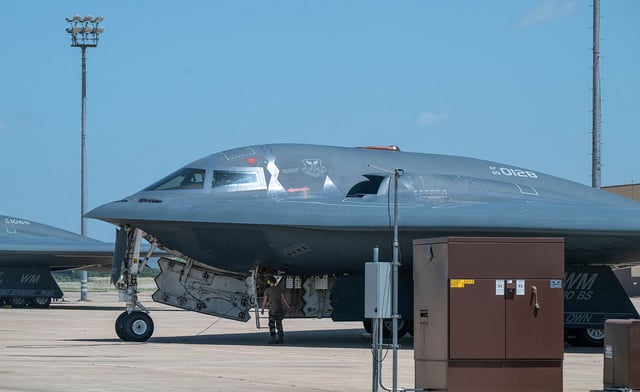 A US Air Force B-2 Spirit stealth bomber returns from the US  attack on Iran's nuclear facilities, at Whiteman Air Force Base, Missouri, on June 2025.