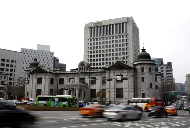 The logo of the Bank of Korea is seen on the top of its building in Seoul, South Korea, March 8, 2016.    REUTERS/Kim Hong-Ji/File Photo/File Photo