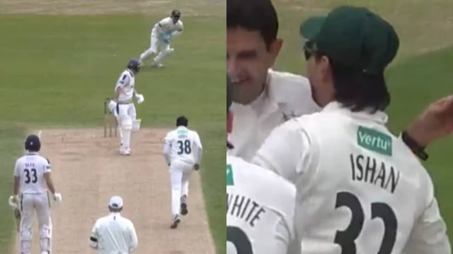 Ishan Kishan and Mohammad Abbas combine to dismiss Adam Lyth | Image: X Notts Outlaws (Screengrabs)