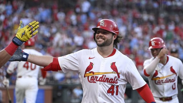 Jun 23, 2025; St. Louis, Missouri, USA; St. Louis Cardinals right fielder Alec Burleson (41) is congratulated after hitting a two-run home run against the Chicago Cubs in the fifth inning at Busch Stadium. Mandatory Credit: Joe Puetz-Imagn Images