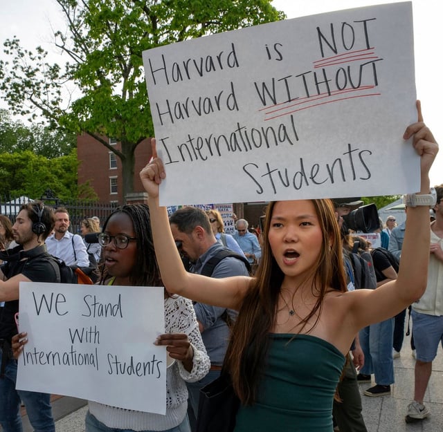 People hold up signs during the Harvard Students for Freedom rally in support of international students at the Harvard University campus in Boston, Massachusetts, on May 27. Photo: AFP