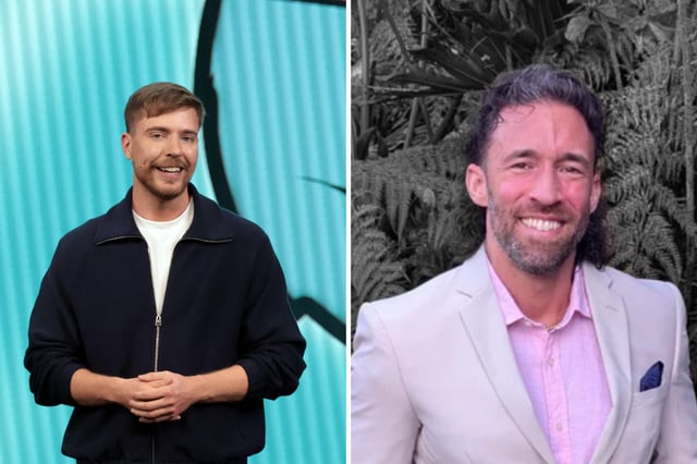 L:  MrBeast speaks onstage during YouTube Brandcast 2025 at David Geffen Hall on May 14, 2025 in New York City. R: Coach Tyler Wall in an image posted to the GoFundMe for him.