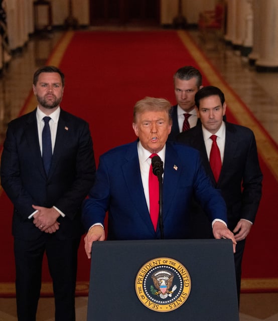 President Donald Trump, backed from left by Vice President JD Vance, Secretary of State Marco Rubio and Defense Secretary Pete Hegseth at the White House, delivers an address to the nation about bombing Iran on June 21, 2025.