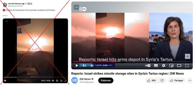 Comparaison entre des captures d'écran d'un post trompeur (à gauche) et la vidéo de Deutsche Welle (à droite), prises le 23/06/2025, croix rouge ajoutée par l'AFP