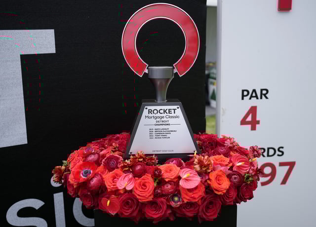 A general view of the of the trophy is seen on the first tee during the final round of the Rocket Mortgage Classic at Detroit Golf Club on June 30, 2024 in Detroit, Michigan.