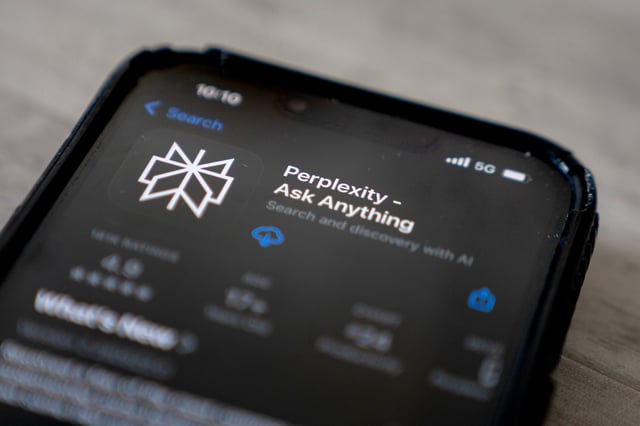The Perplexity app in the Apple App Store on a smartphone arranged in Washington, DC, on Sunday, June 1.