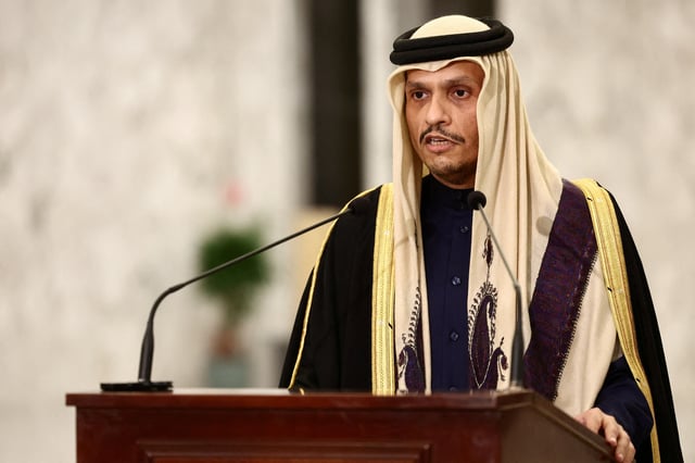 Qatari Prime Minister and Foreign Minister Sheikh Mohammed bin Abdulrahman Al Thani speaks after a meeting with the Lebanese president at the presidential palace in Baabda, Lebanon February 4, 2025. REUTERS/Emilie Madi/File Photo