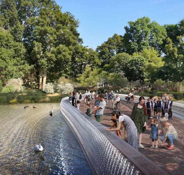 The bridge is one part of a design which also includes gardens, paths and statues.