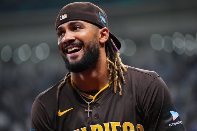 SEOUL, SOUTH KOREA - MARCH 21: Fernando Tatis Jr. #23 of the San Diego Padres celebrates the team&#39;s 15-11 victory in the 2024 Seoul Series game between San Diego Padres and Los Angeles Dodgers at Gocheok Sky Dome on March 21, 2024 in Seoul, South Korea.