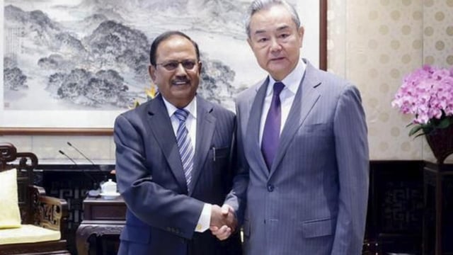 NSA Ajit Doval with Chinese foreign minister Wang Yi during a meeting in Beijing. 