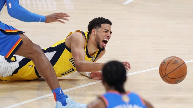 Tyrese Haliburton #0 of the Indiana Pacers sustains an injury during the first quarter against the Oklahoma City Thunder in Game Seven of the 2025 NBA Finals at Paycom Center on June 22, 2025 in Oklahoma City, Oklahoma. 