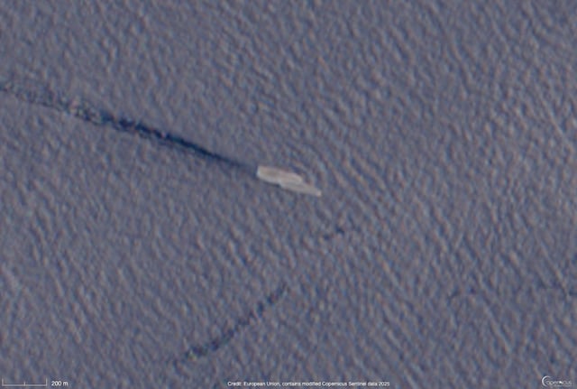 Imagery captured by the ESA&#39;s Sentinel-2 satellites on June 22, 2025, shows the Chinese aircraft carrier Shandong operating in the Philippine Sea in the Western Pacific Ocean. The Joint Staff Office of Japan&#39;s Defense Ministry said the Shandong carrier strike group returned to the South China Sea that day following a deployment alongside sister ship Liaoning that had lasted more than two weeks.