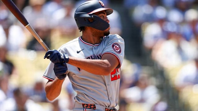 Jun 22, 2025; Los Angeles, California, USA;  Washington Nationals left fielder James Wood (29) hits a single during the fifth inning against the Los Angeles Dodgers at Dodger Stadium. Mandatory Credit: Kiyoshi Mio-Imagn Images