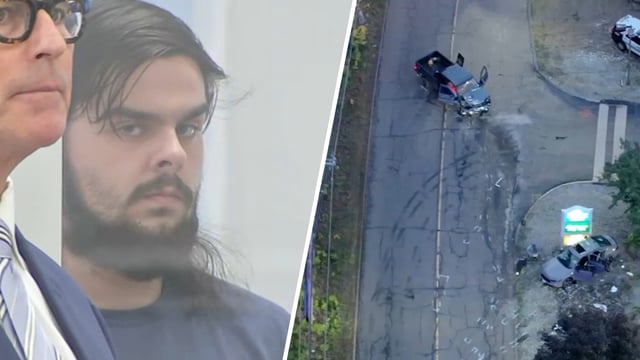 Left: James Blanchard during his previous arraignment on May 27, 2025. Right: The scene of the deadly crash.