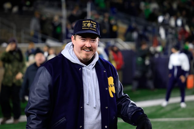 Comedian Shane Gillis reacts on the field prior to the College Football Playoff First Round game between the Indiana Hoosiers and the Notre Dame Fighting Irish at Notre Dame Stadium on December 20, 2024 in South Bend, Indiana.