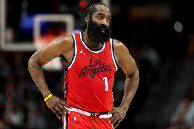 James Harden #1 of the LA Clippers looks on during the second half against the Portland Trail Blazers at Moda Center on January 16, 2025 in Portland, Oregon.