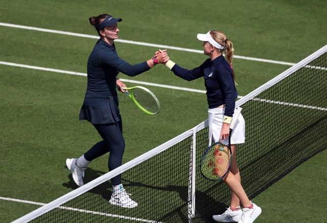 Tennis - Eastbourne Open - Devonshire Park Lawn Tennis Club, Eastbourne, Britain - June 24, 2025 Czech Republic's Barbora Krejcikova shakes hands with Britain's Harriet Dart after winning their round of 32 match Action Images via Reuters/Paul Childs