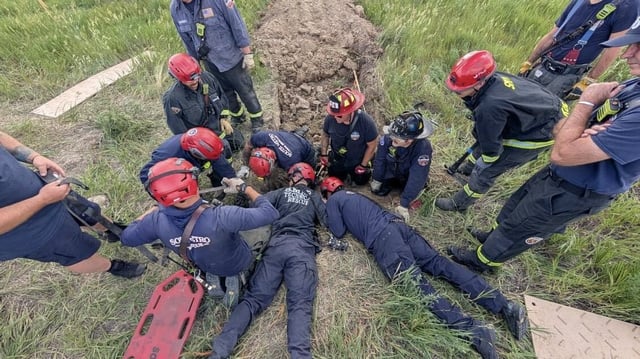 South Metro Fire Rescue crews work to rescue a missing foster dog from a trench in Parker, Colo. on Monday, June 23, 2025. Carl, a Neapolitan Mastiff, went missing from his home in the Douglas County town on Sunday, June 22, 2025. (Photo courtesy of South Metro Fire Rescue).