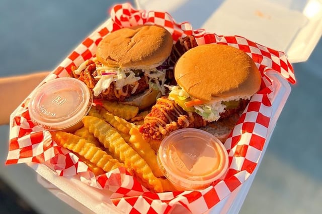 Two fried chicken sandwiches from Jojo’s Hot Chicken in San Jose, Calif.
