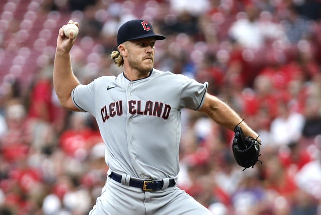 Aug 16, 2023; Cincinnati, Ohio, USA; Cleveland Guardians starting pitcher Noah Syndergaard (34) throws against the Cincinnati Reds during the second inning at Great American Ball Park. Mandatory Credit: David Kohl-USA TODAY Sports