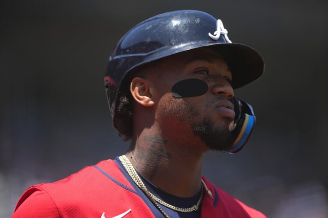 SAN FRANCISCO, CALIFORNIA - JUNE 07: Ronald Acuña Jr. #13 of the Atlanta Braves looks on from the on-deck circle against the San Francisco Giants in the top of the third inning of a major league baseball game at Oracle Park on June 07, 2025 in San Francisco, California. (Photo by Thearon W. Henderson/Getty Images)