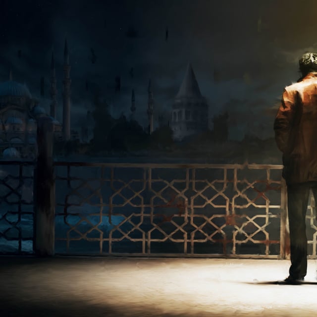A man stands illuminated by a streetlamp on a pier at night, gazing into the distance.